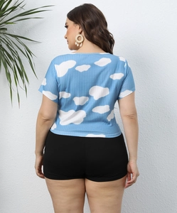 Plus size women summer rib knit set with blue cloud print crop top and black shorts