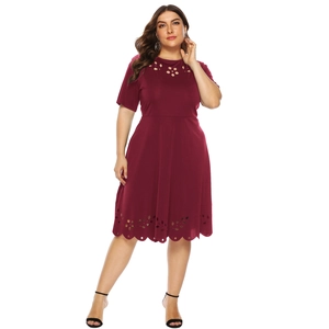 Plus size burgundy A-line dress with laser cut floral pattern and short sleeves