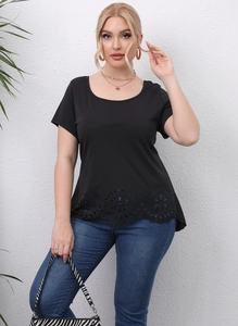 Plus size black short sleeve T-shirt with laser-cut floral hem and round neck