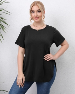 Detail view of plus size black round neck T-shirt with side slit and curved hemline