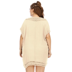 Detailed back view of a beige crochet cover-up dress featuring delicate knit patterns