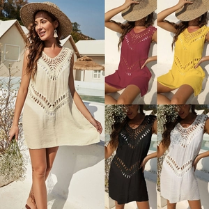 Women Boho Crochet Beach Cover Up V Neck Sleeveless A Line Dress Tassel Hollow Out Vacation Swimwear Summer Party Dress