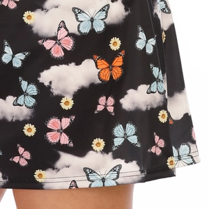 Plus size A-line skirt with colorful butterfly floral print on black fabric