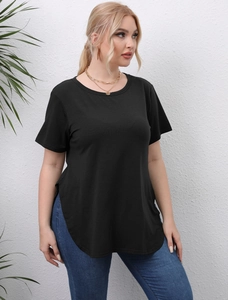 Detail of plus size black T-shirt featuring a rounded split hem and soft knitted fabric