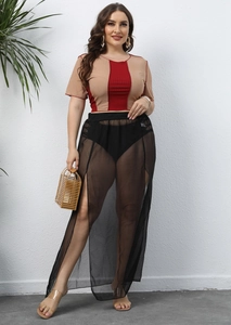 Women's plus size two-piece set with colorblock crop top and sheer high slit maxi skirt