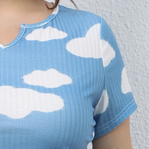 Short sleeve blue ribbed crop top for women featuring a minimalist white cloud print pattern