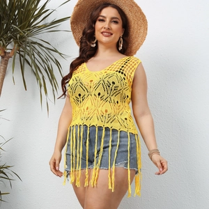 Plus Size Women's Sexy Yellow Polyester Hollow Out Crochet Tassel Beach Cover Up Vest Boho Sleeveless Knit Tank Top