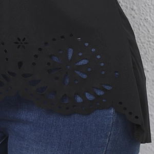 Women's plus size black short sleeve top with floral hollow out lace hem detailing