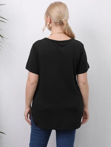 Back view of a loose black short-sleeve T-shirt with curved split hem on female model