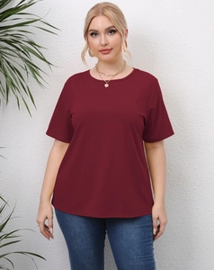 Detailed close-up of a burgundy short sleeve T-shirt for women with a round neckline