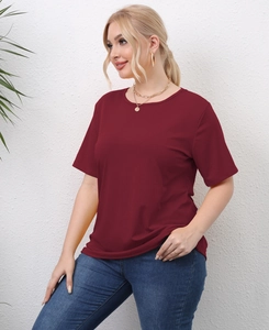 Plus size women's wine red short sleeve T-shirt with burnout hollow wing design