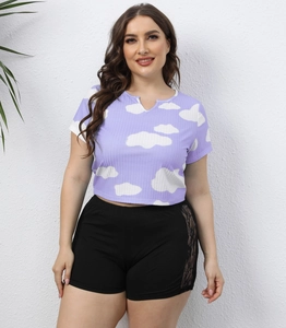 Women lavender cloud print rib crop top and lace trim shorts casual summer set
