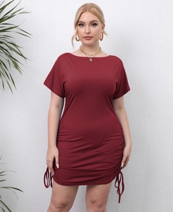 Robe Bodycon Grande Taille pour Femmes avec Cordon de Serrage Froncé Manches Courtes Tricot Côtelé Slim Fit Sexy Été