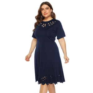 Detail of laser-cut floral patterns on navy blue short sleeve plus-size dress