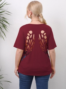 Detailed back view of burgundy short sleeve T-shirt with angel wing cutout design