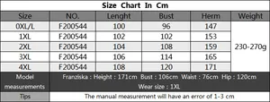 Detailed size chart in cm for plus size dress ranging from 0XL to 4XL with model specs