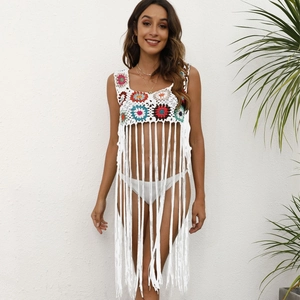 Cache-maillot de plage bohème fait main au crochet avec fleurs colorées et longues franges