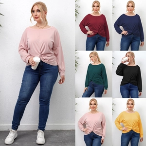 Plus Size Women Casual Twist Knot Long Sleeve T-Shirt Solid Color Boat Neck Asymmetrical Hem Loose Comfort Fall Fashion Top