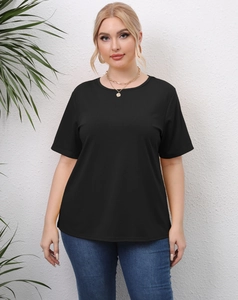 Detail of short sleeve black T-shirt with crew neck and slim fit on a model