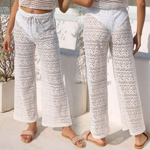 Pantaloni e Top da Donna Bianchi all'Uncinetto con Gamba Larga Vita Alta Coulisse Pizzo Copriostume da Spiaggia Vacanza Boho