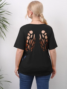 Detail of the butterfly wing cutout design on back of the black short sleeve t-shirt