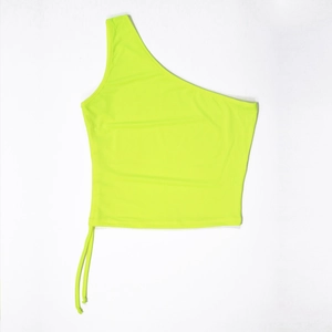 Detail of side drawstring and tie-up knot on neon green one-shoulder crop top