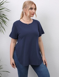 Detail of plus size navy blue short sleeve T-shirt featuring side slits and curved hemline