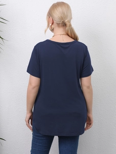 Back view of a loose dark blue short-sleeved T-shirt with a curved hem and round neck