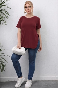 Detail view of burgundy short sleeve T-shirt with side slits for plus size casual wear