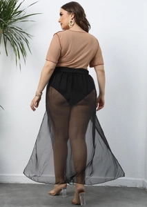 Plus size beach cover up set with brown ribbed top and black sheer mesh split skirt