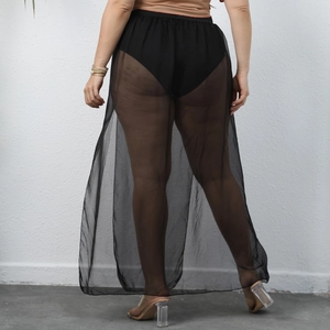 Rear view detail of black semi-transparent mesh maxi skirt featuring high side slits