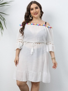 Plus Size Off Shoulder Beach Cover Up Dress With Colorful Pom Poms Crochet Hollow Out Tassel Waist Ruffle Boho Vacation Dress
