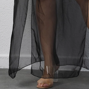 Plus size black sheer mesh beach cover up skirt with sexy side slit and elastic waist