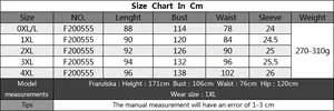 Detailed size chart for plus-size off-shoulder dress F200555 from 0XL to 4XL