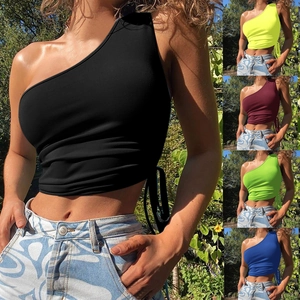 Women Sexy One Shoulder Crop Top Ruched Side Drawstring Sleeveless Slim Fit Plain Vest Summer Streetwear Party Clubwear