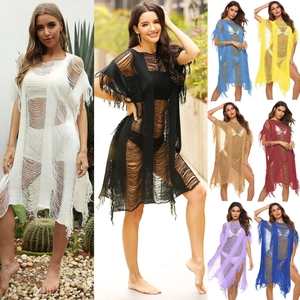 Womens Sexy Hollow Out Knitted Beach Cover Up Bohemian Tassel Split Swimsuit Bikini Wrap Dress Summer Vacation Outwear