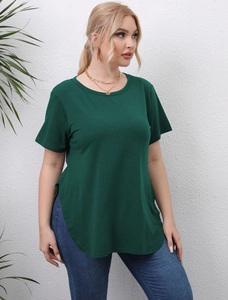 Detail view of plus size dark green t-shirt with side slit and irregular curved hemline