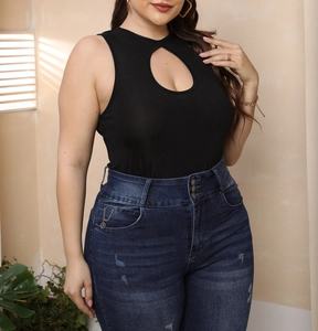Detail of black ribbed bodysuit with oval cutout paired with high-waisted blue denim jeans