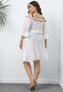Plus size white off-shoulder beach dress with colorful pom-poms and crochet flare sleeves