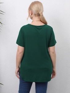 Plus size dark green short sleeve T-shirt for women with curved hem and crew neck