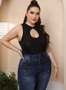 Detail of plus size black ribbed sleeveless bodysuit with teardrop cutout and metal chains