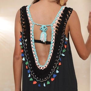 Bohemian black backless beach cover-up dress with colorful crochet details and fringe