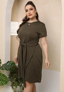 Detail of army green dress featuring waist tie belt and casual short sleeve design