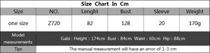 Detailed size chart for V-neck beach cover-up dress showing length and bust measurements
