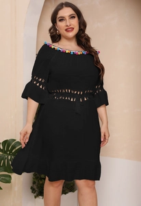 Detail of colorful pom-pom neckline and bohemian hollow knit design on black dress