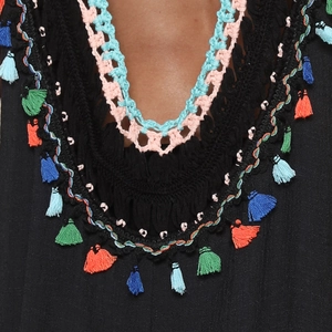 Bohemian V-neck beach cover-up dress featuring handmade crochet and colorful fringe tassels