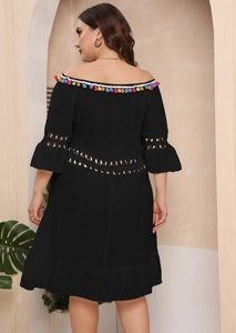 Plus size black off-shoulder beach dress with colorful tassels and hollow out crochet detail