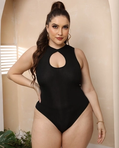 Close-up of black ribbed sleeveless bodysuit featuring a front keyhole cutout detail
