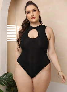 Close-up of ribbed plus size bodysuit featuring a chic chest cut-out and high neckline