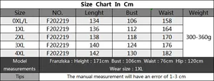 Detailed size chart for plus size maxi dress ranging from 0XL to 4XL with measurements